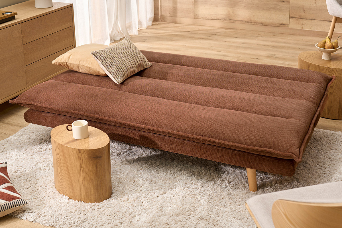 Canap� convertible 3 places en tissu chenille terre br�l�e et bois clair BINGO