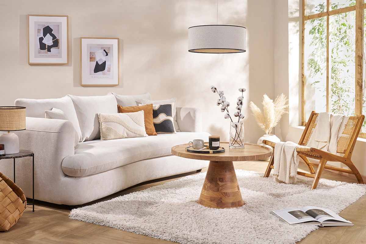 Canap� convertible d�houssable 3-4 places design haricot en tissu effet velours beige clair SACHA