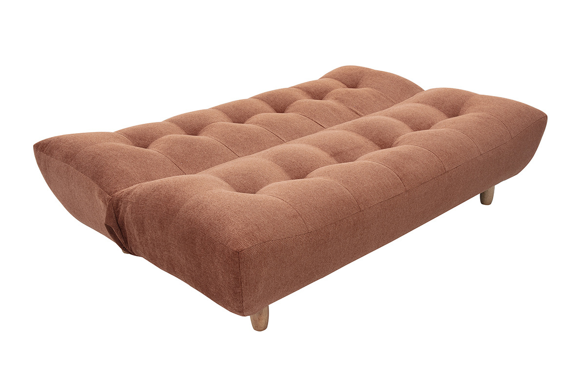 Canap� convertible YUMI en tissu chenille terre br�l�e, vue de 3/4 dans sa position lit.