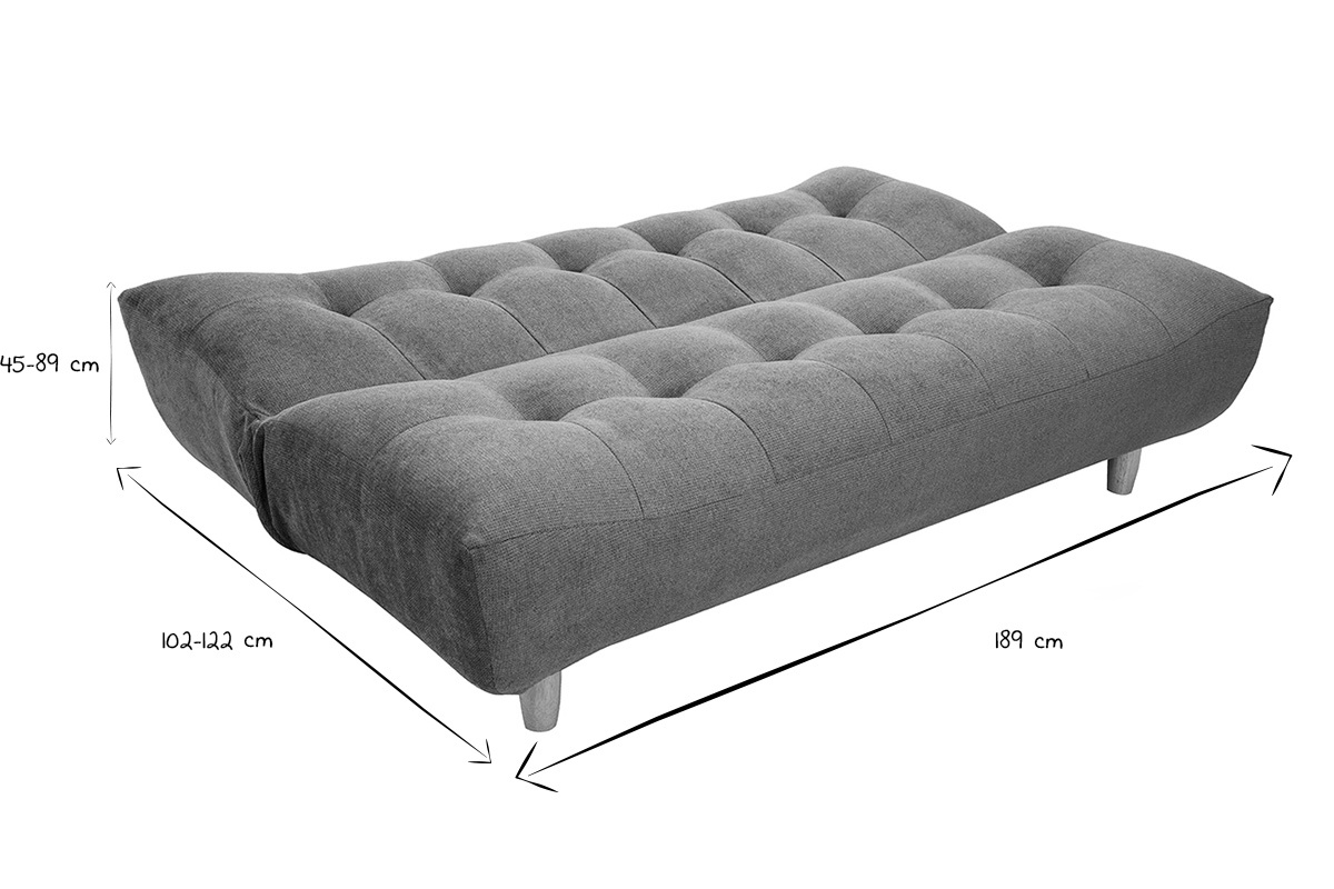 Dimensions d'un canap� convertible en noir et blanc : 189 cm de long, 45-89 cm de haut, 102-122 cm de profondeur.