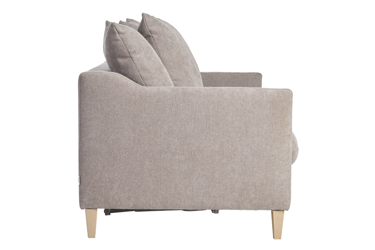 Canap� convertible scandinave 3 places en tissu effet velours taupe et bois clair LOUISE