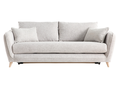 Canap&eacute; convertible scandinave 3 places en tissu gris clair chin&eacute; et bois clair avec matelas 10 cm CREEP