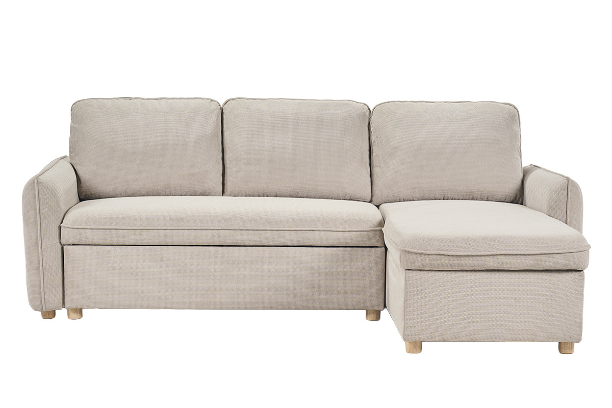 Canap� d'angle convertible beige ORSO, vue de face, trois places, pieds en bois clair.