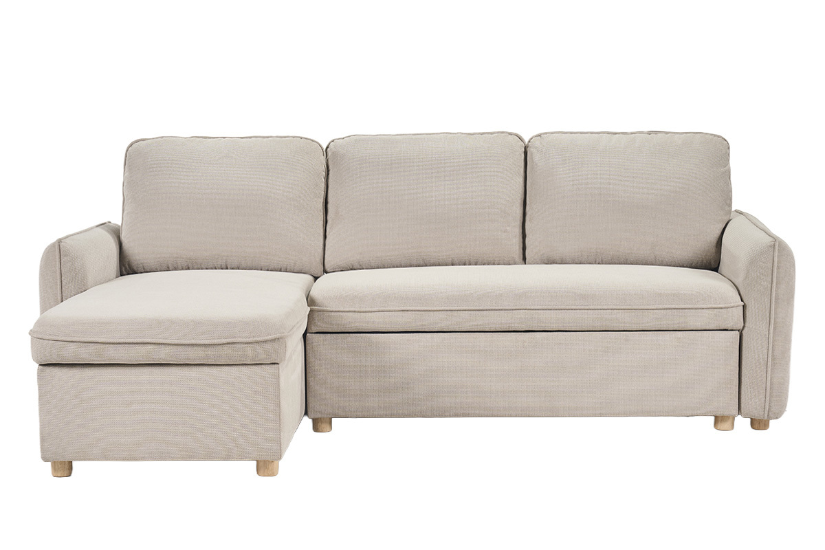 Canap� d'angle convertible beige ORSO en tissu chenille avec coffre et pieds en bois clair, vue de face.