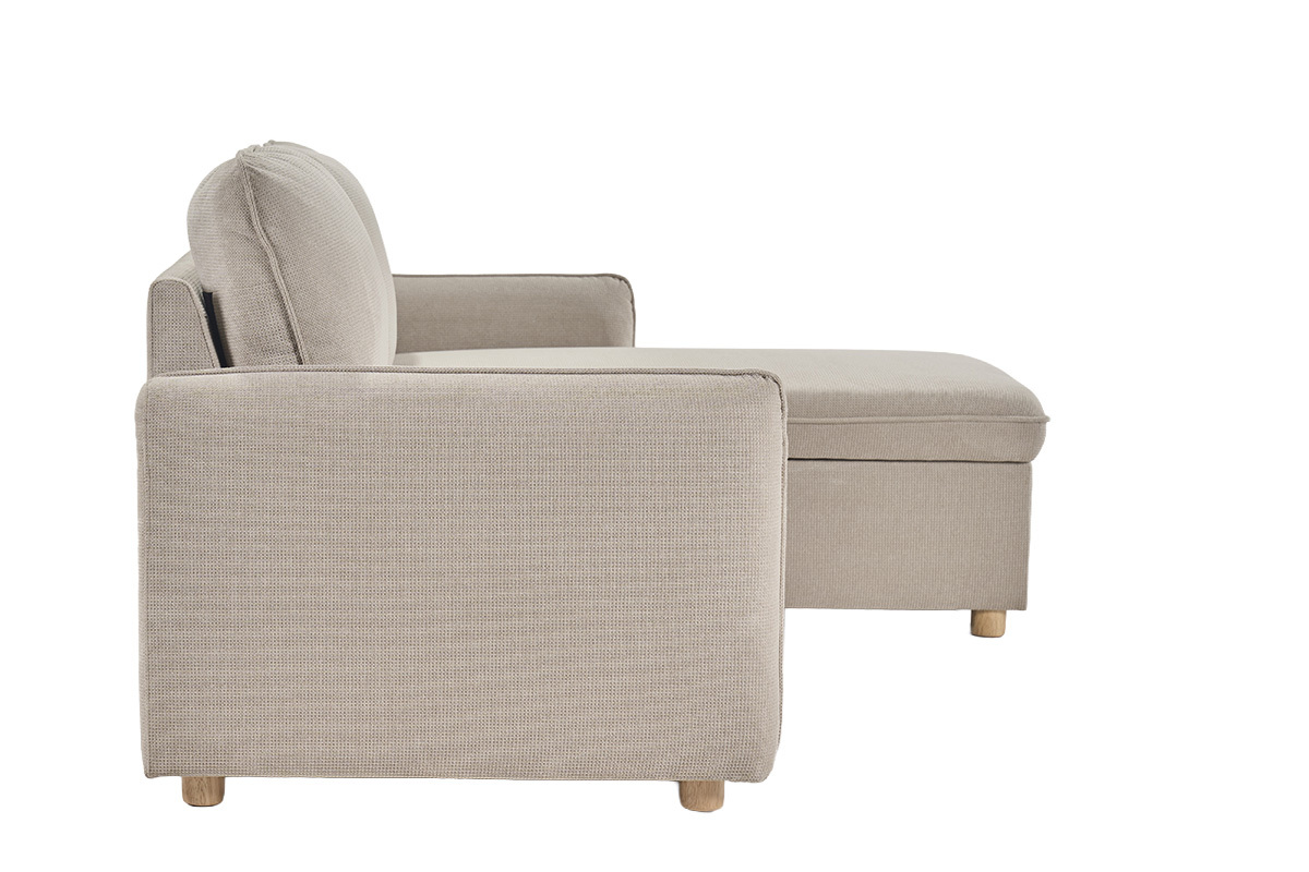 Canap� d'angle r�versible beige en tissu chenille, vue de c�t�, pieds en bois clair.