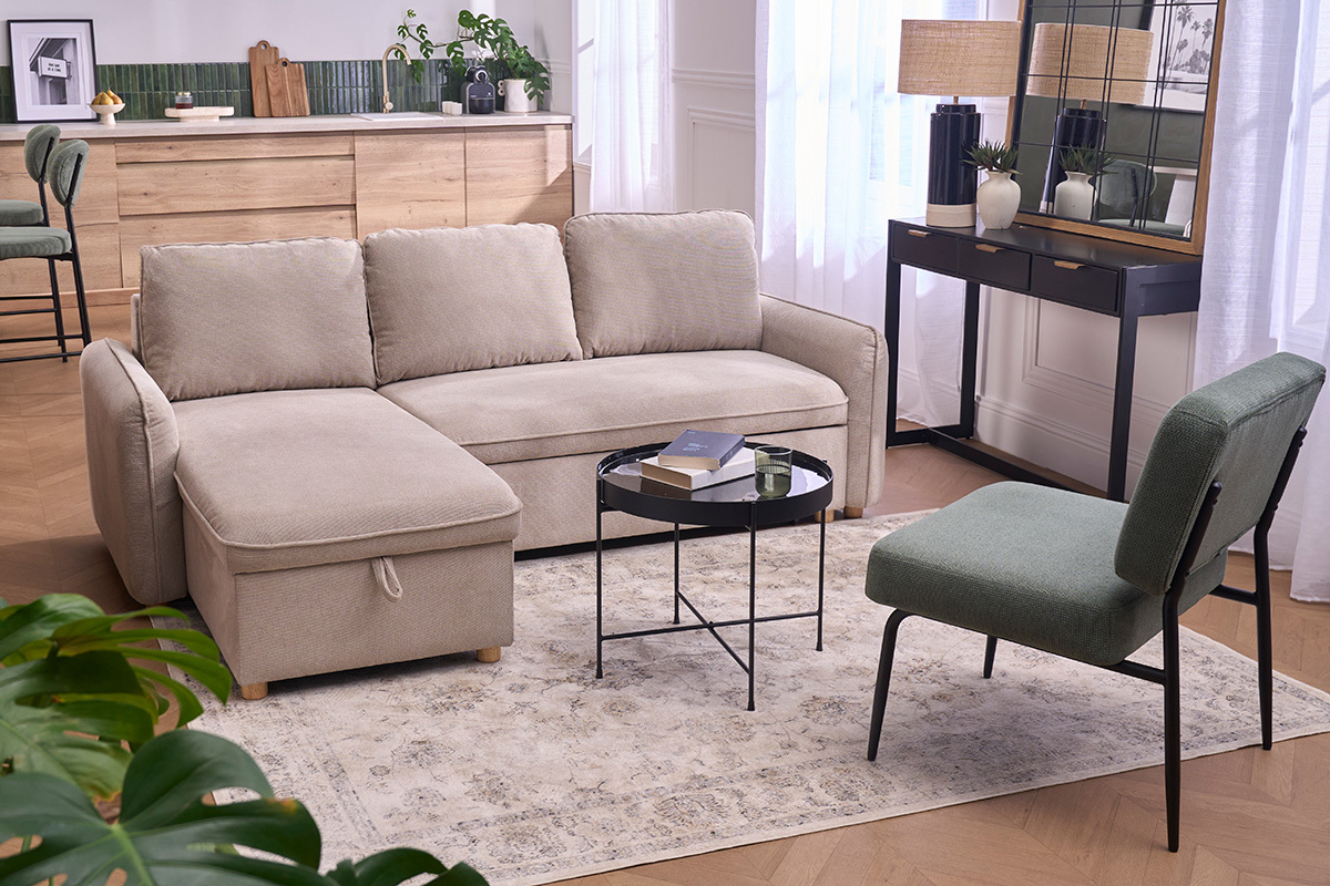 Canap� d'angle convertible r�versible avec coffre 3 places en tissu chenille beige et bois clair ORSO