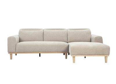 Canap&eacute; d'angle droit 3 places avec t&ecirc;ti&egrave;res ajustables en tissu effet velours textur&eacute; beige et bois clair HORACIO