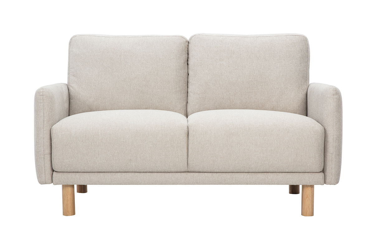 Canap� 2 places beige en tissu effet velours avec pieds en bois clair, vue de face.