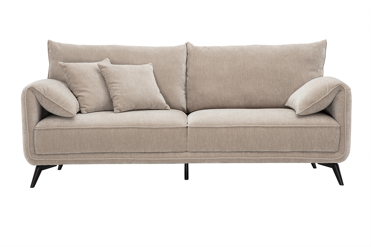 Canap� TANTOR 3 places effet velours taupe, pieds noirs, vue de face.