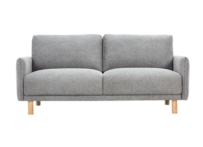 Canap&eacute; design 3 places en tissu effet velours textur&eacute; gris et bois clair BONO