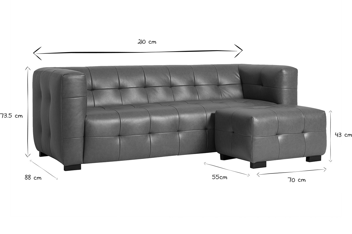 Dimensions du canap� CORTO 3 places et repose-pieds en noir et blanc : L210 x P88 x H73,5 cm; pouf L70 x P55 x H43 cm.