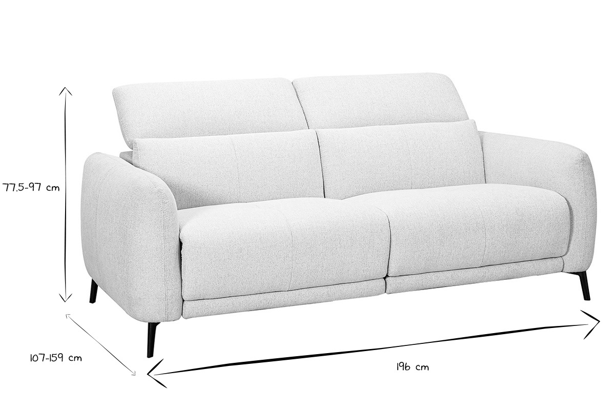 Dimensions du canap� 3 places TIGNES en noir et blanc, L196 x P107-159 x H77,5-97 cm.