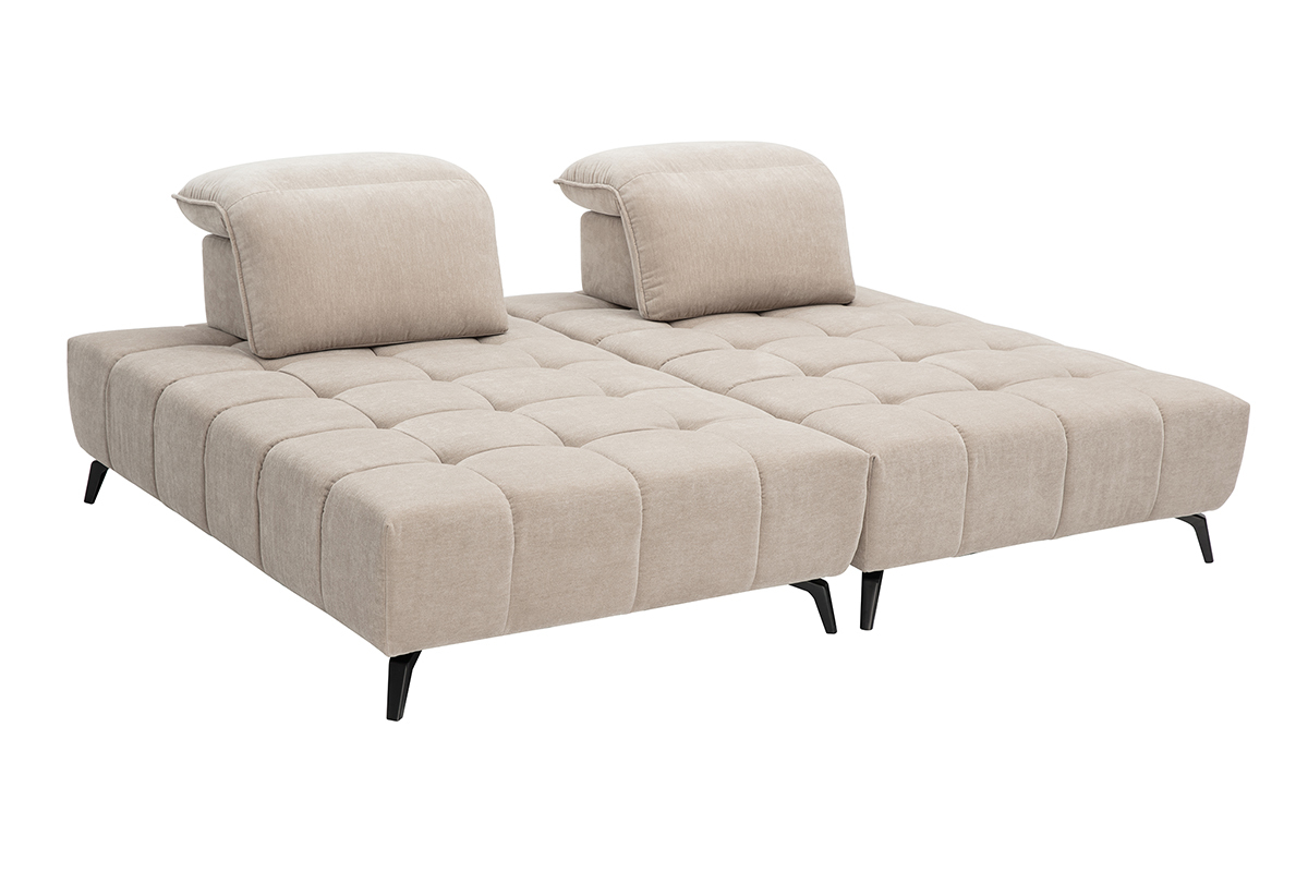 Canap� modulable 4 places taupe avec t�ti�res ajustables et pieds en m�tal noir, vue de 3/4.