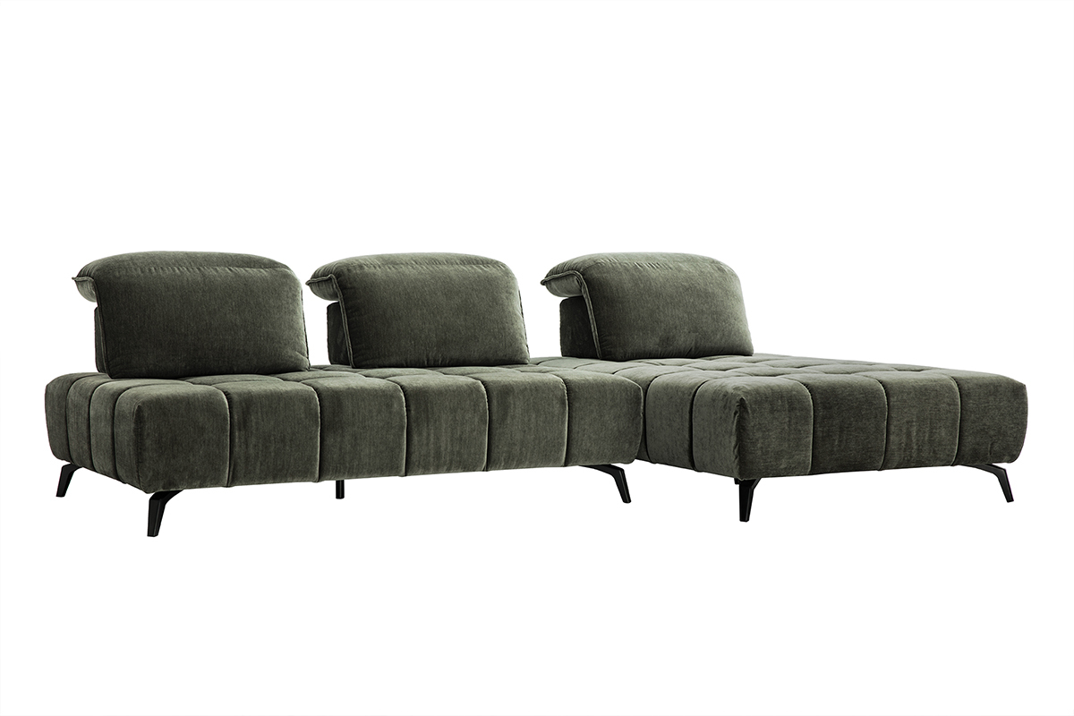 Canap� modulable 4 places en velours vert kaki avec t�ti�res ajustables et pieds en m�tal noir.