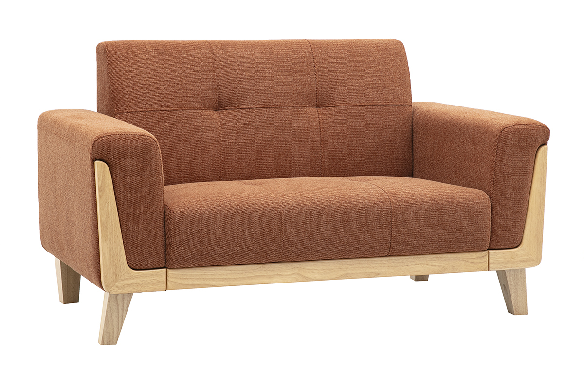 Canap� scandinave 2 places en tissu effet velours textur� terre br�l�e et bois clair, vue de 3/4.