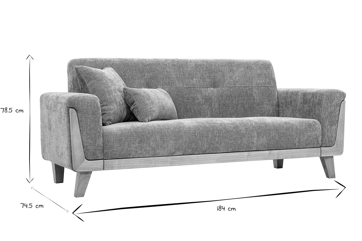 Dimensions du canap� scandinave 3 places FJORD en noir et blanc, L184 x P74.5 x H78.5 cm.