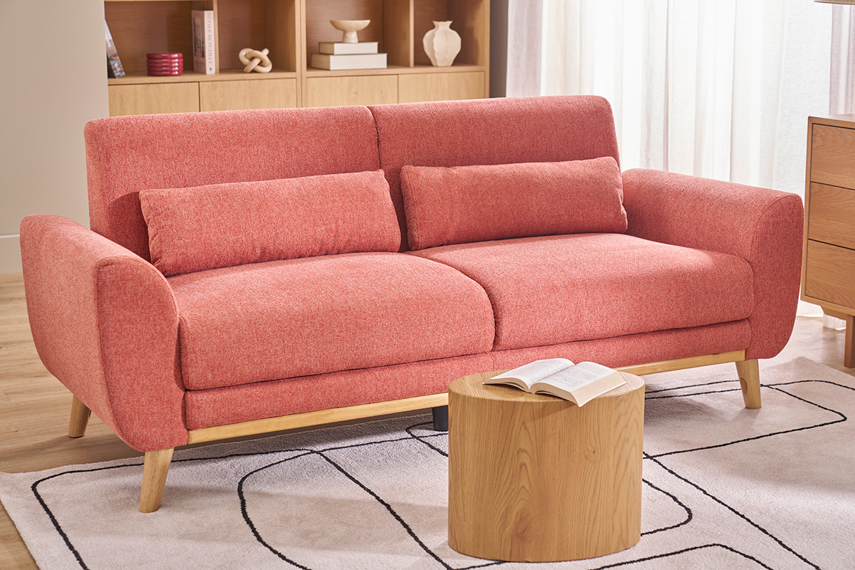 Canap� scandinave 3 places terracotta en tissu effet velours, angle de vue de face.