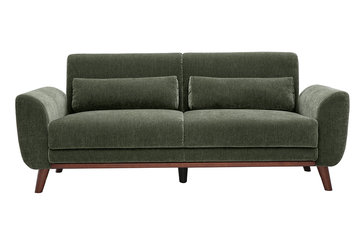 Canap� scandinave 3 places en tissu effet velours vert kaki, vue de face avec accoudoirs arrondis.