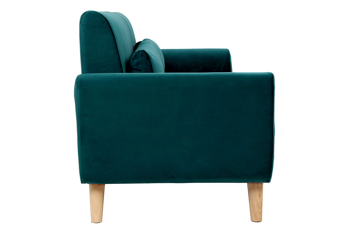 Canap� scandinave 3 places en tissu velours bleu p�trole et bois clair EKTOR