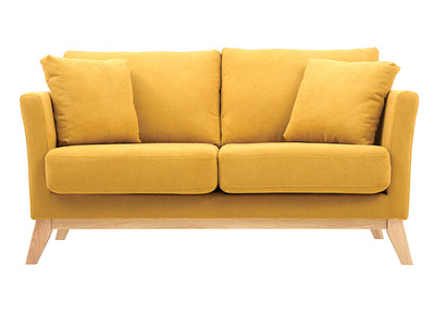 Canap&eacute; scandinave d&eacute;houssable 2 places en tissu effet velours jaune moutarde et bois clair OSLO