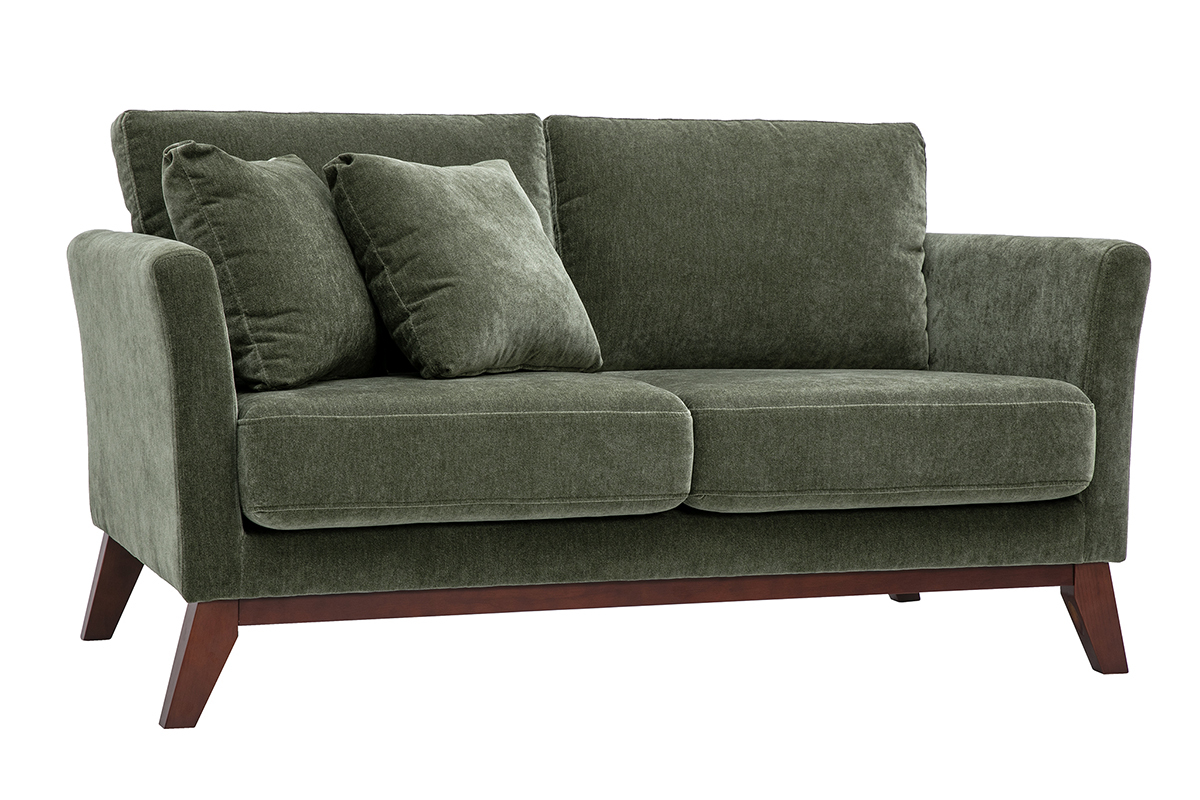 Canap� scandinave d�houssable 2 places en tissu effet velours vert kaki, c�t�s et coussins visibles.