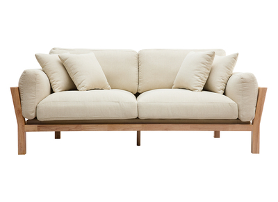 Canap&eacute; scandinave d&eacute;houssable 3 places en tissu blanc cr&egrave;me et bois clair KYO