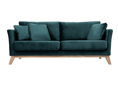 Canap&eacute; scandinave d&eacute;houssable 3 places en tissu velours bleu p&eacute;trole et bois clair OSLO