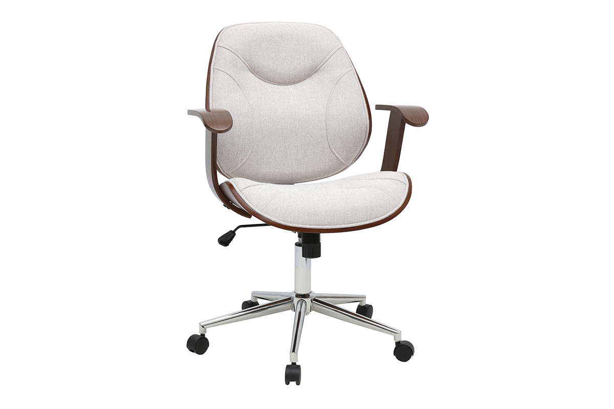 Chaise de bureau � roulettes beige en tissu et bois, vue de 3/4.