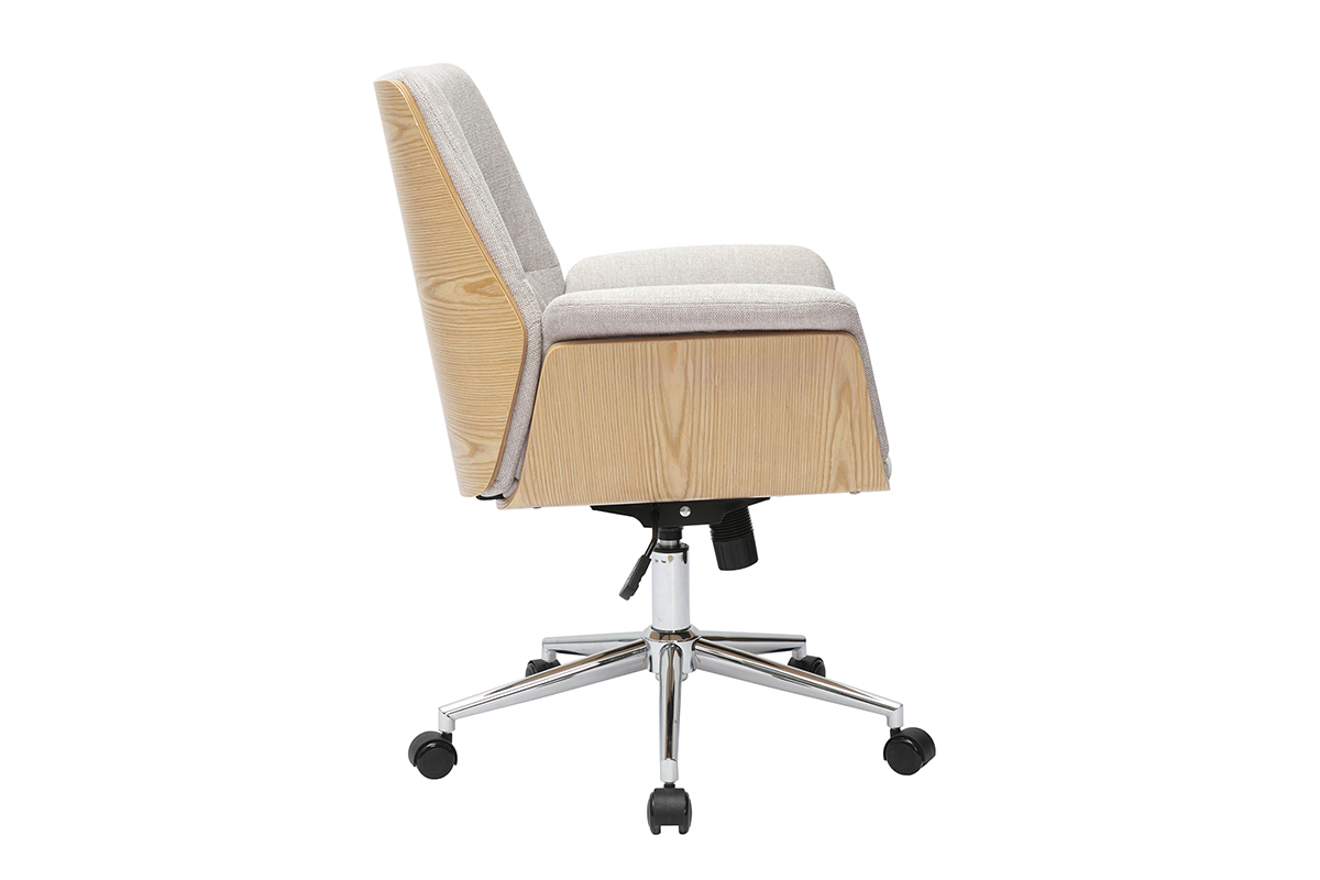 Chaise de bureau HELIOS, vue de c�t�, tissu beige, bois clair, base m�tal chrom� et roulettes.