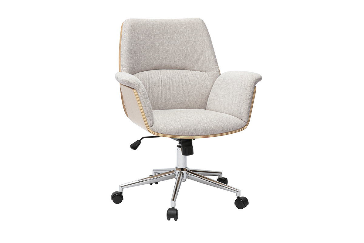 Chaise de bureau beige en tissu effet velours, bois clair, m�tal chrom�, vue de 3/4.