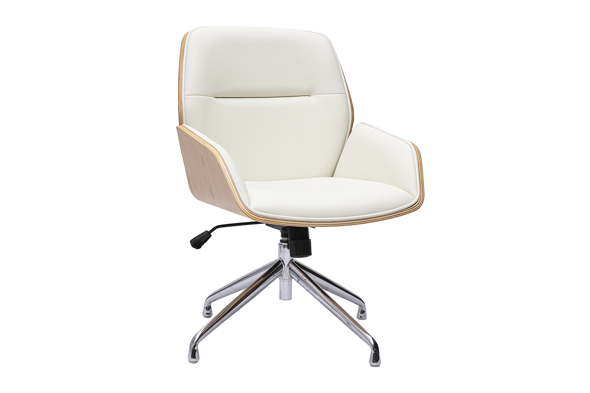 Chaise de bureau blanche, bois clair et m�tal, vue de 3/4.