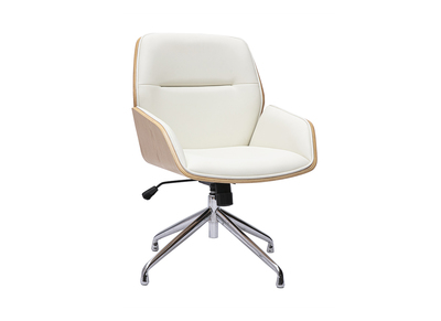 Chaise de bureau design pivotante 360&deg; blanche, bois clair et m&eacute;tal chrom&eacute; MARLOW