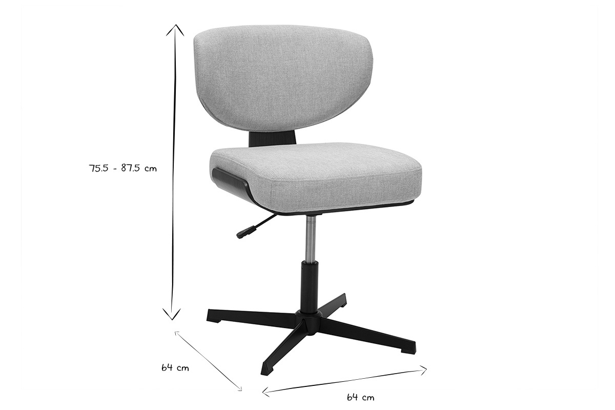 Dimensions de la chaise de bureau HANZ : 75.5 - 87.5 cm de hauteur, 64 cm de largeur, en noir et blanc.