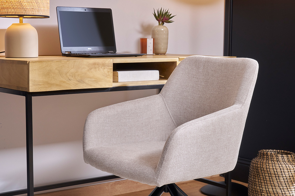 Chaise pivotante 360� en tissu effet velours textur� beige et m�tal noir LAURETTE
