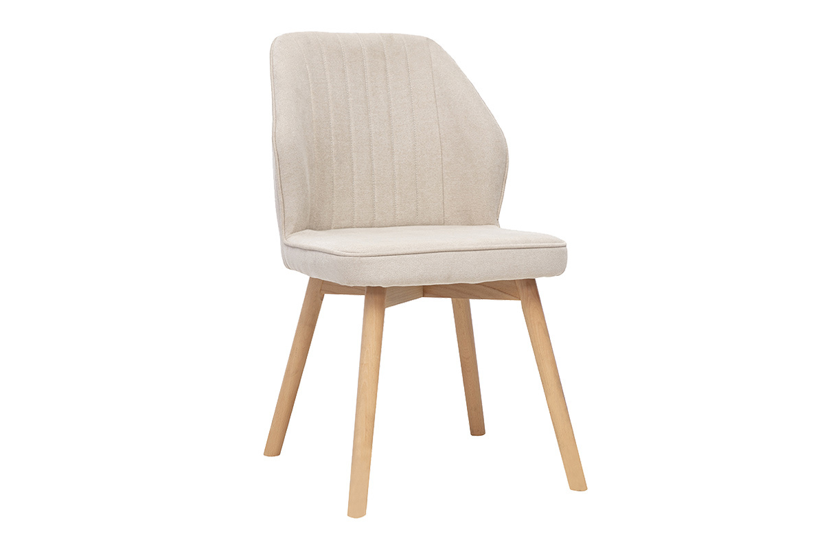 Chaise beige en tissu effet velours avec pieds en bois clair, vue de 3/4.