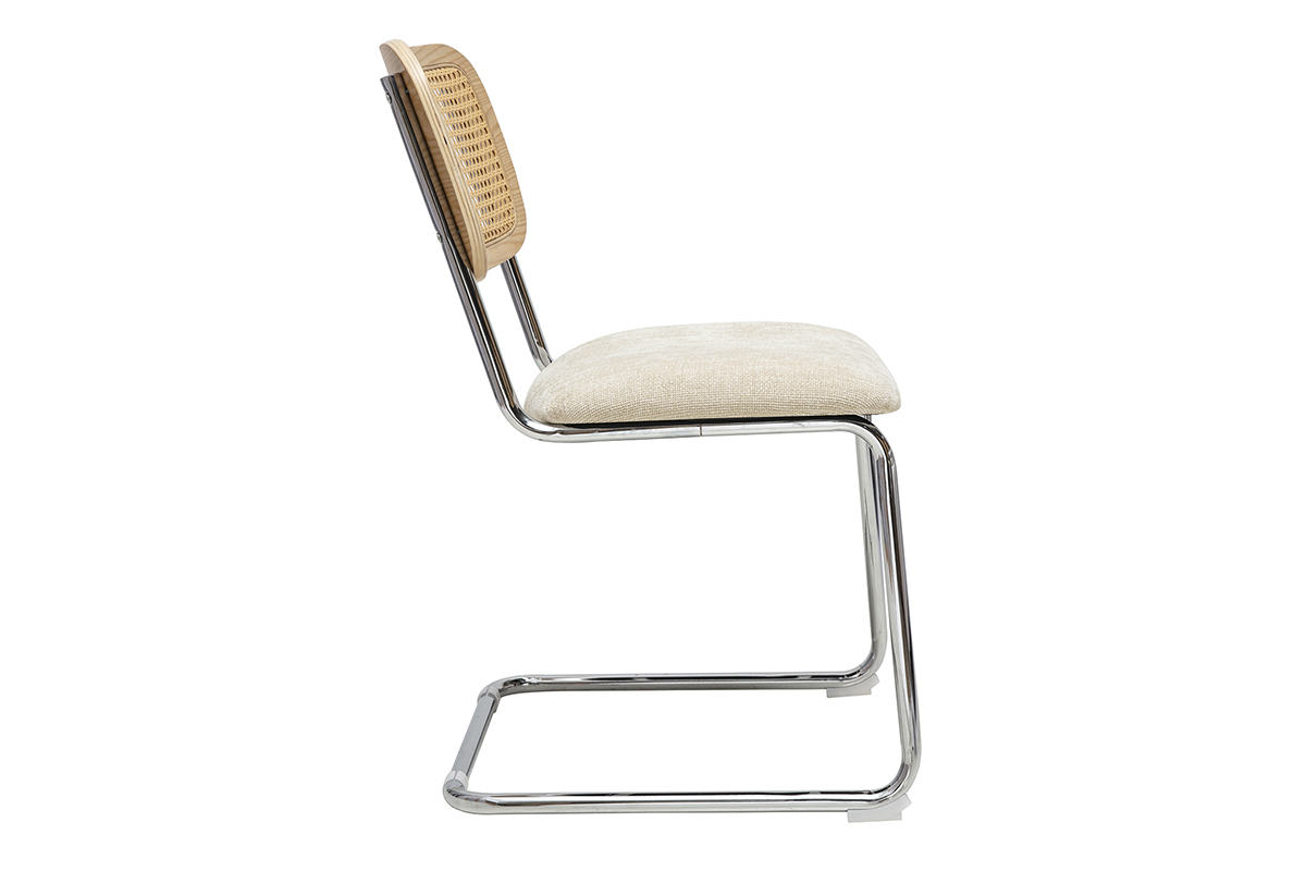Chaise design, vue de profil, assise velours beige, dossier cannage, pi�tement m�tal chrom�.