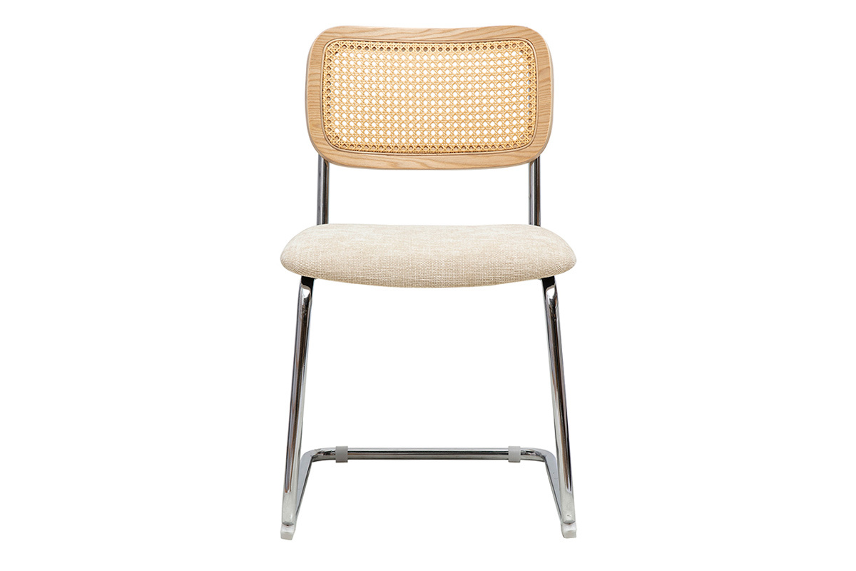 Chaise avec dossier en rotin, tissu beige et pi�tement chrom�, vue de face.
