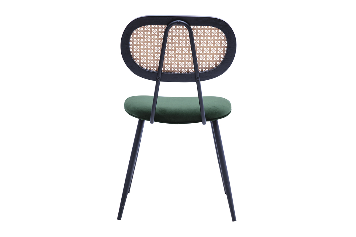 Chaise design avec dos en cannage rotin et assise en velours vert, vue de dos.