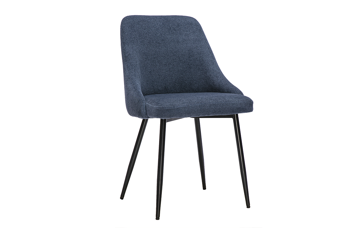 Chaise en tissu chenille bleu fonc� avec pi�tement en m�tal noir, vue de 3/4.