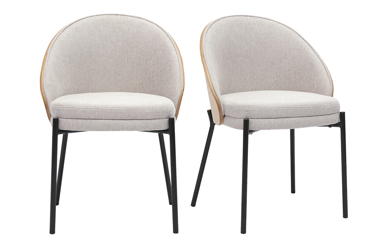 Deux chaises en tissu beige et bois clair avec pieds en m�tal noir, vue de face.