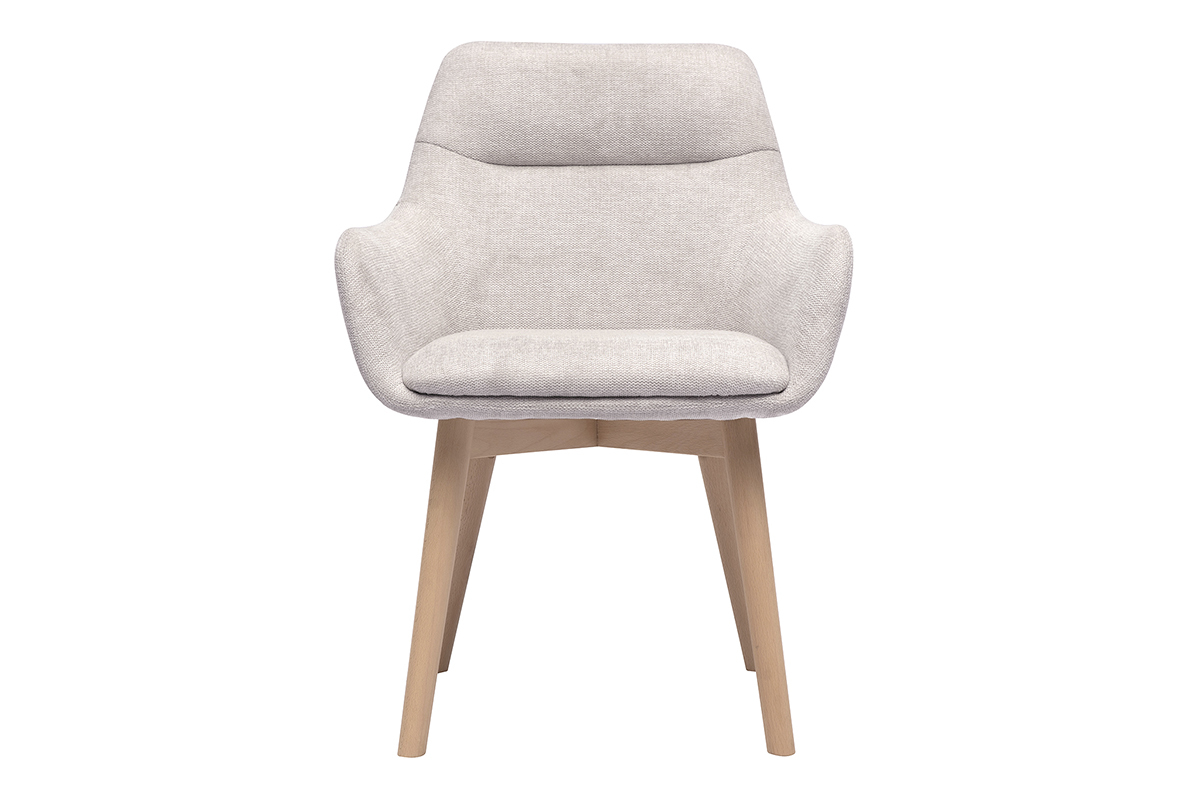 Chaise effet velours beige et pieds en bois clair, vue de face.