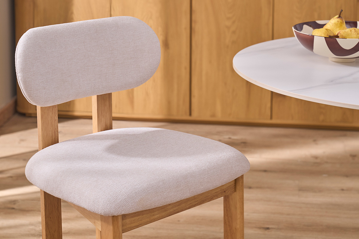 Chaises en tissu effet velours textur� beige et bois clair fr�ne (lot de 2) NORMI