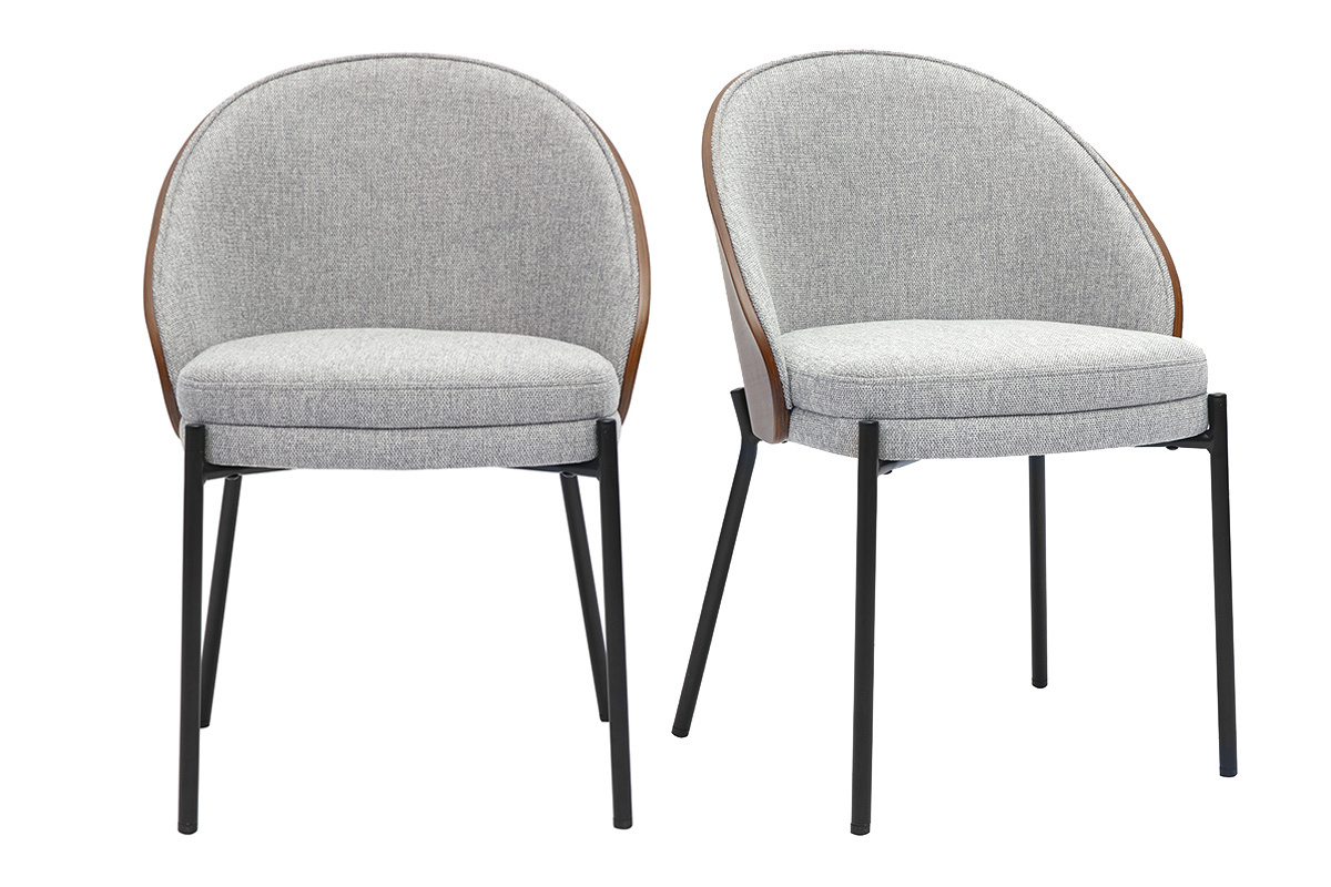 Deux chaises TUCSON grises effet velours, pieds m�tal noir et bois fonc�, vue de face.