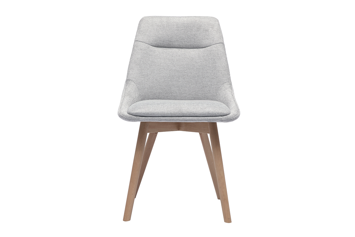 Chaise en tissu effet velours gris clair et bois clair, vue de face.