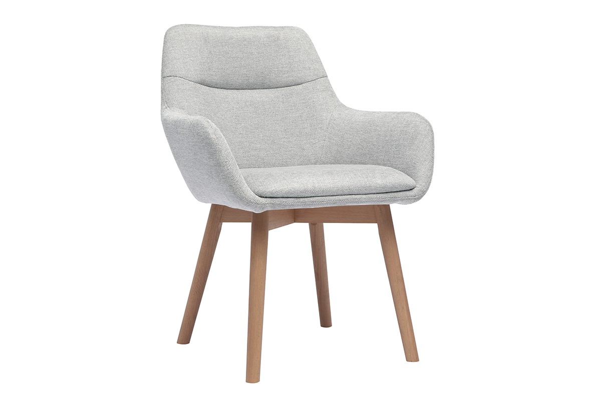 Chaise grise en tissu effet velours avec pieds en bois clair, vue de 3/4.