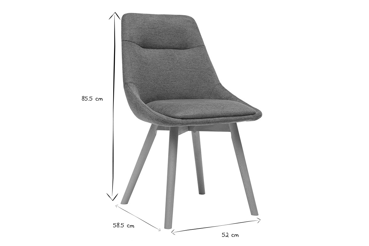 Chaise noire et blanche montrant dimensions, hauteur 85,5 cm, profondeur 58,5 cm, largeur 52 cm.