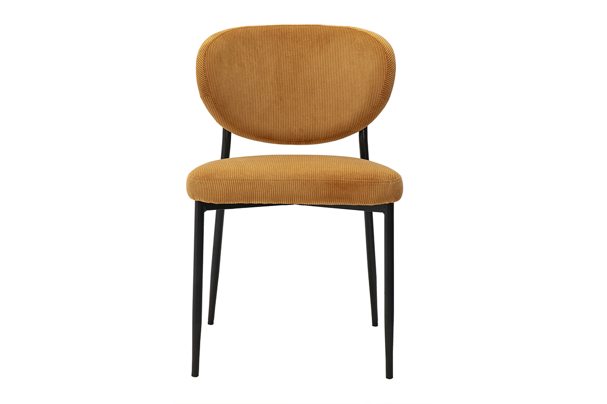 Chaise en tissu velours c�tel� jaune curry avec pieds en m�tal noir vue de face.