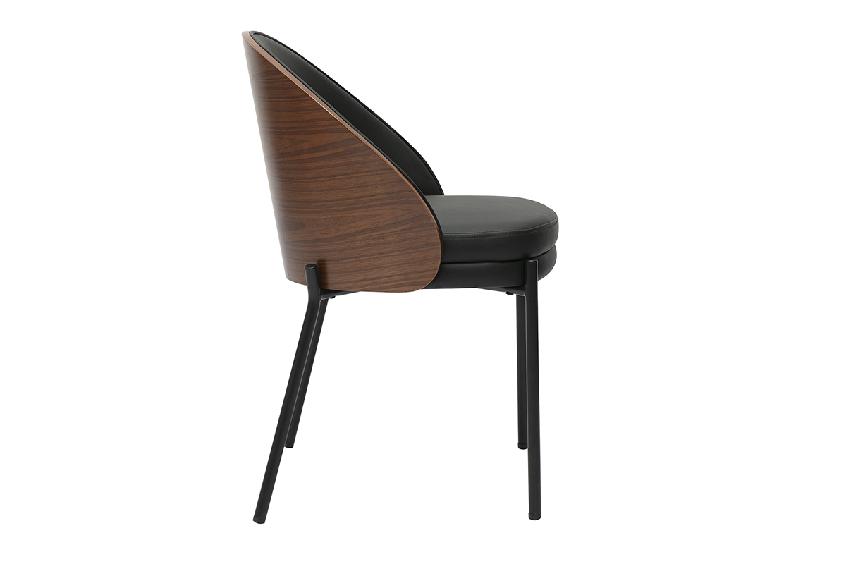 Chaise TUCSON vue de profil, bois fonc�, assise noire, pieds en m�tal noir.