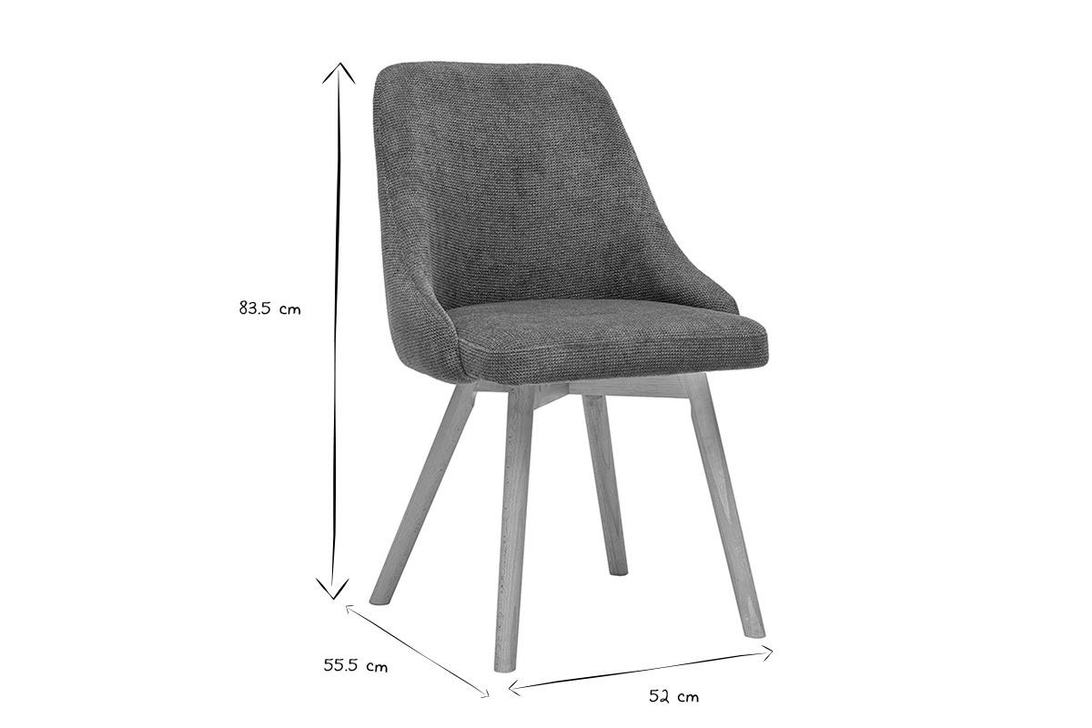 Chaise scandinave avec dimensions 83,5 cm de haut, 55,5 cm de long, 52 cm de large, en noir et blanc.