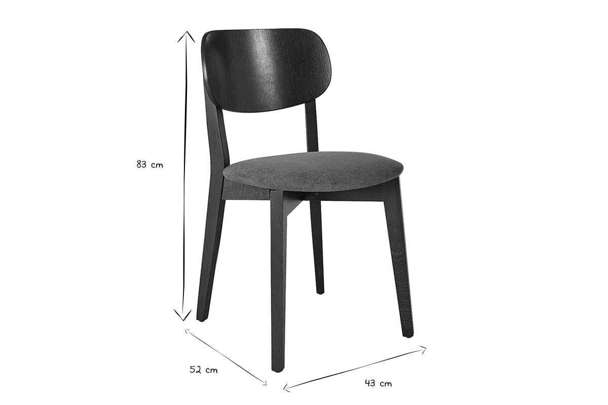 Dimensions des chaises LUCIA en noir et blanc : 83 cm de hauteur, 52 cm de largeur, 43 cm de profondeur.